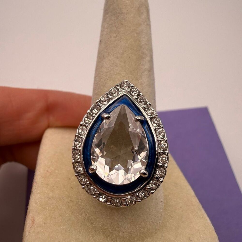 Kenneth Jay Lane pear-cut cubic zirconia blue enamel halo cocktail ring sz 7 New